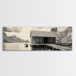 Lake Cabin, Rustic Dock, Mountain View, Serene Water, Framed Canvas Print, Entryway Wall Art, Vintage Travel Decor, Cozy Lakehouse Art